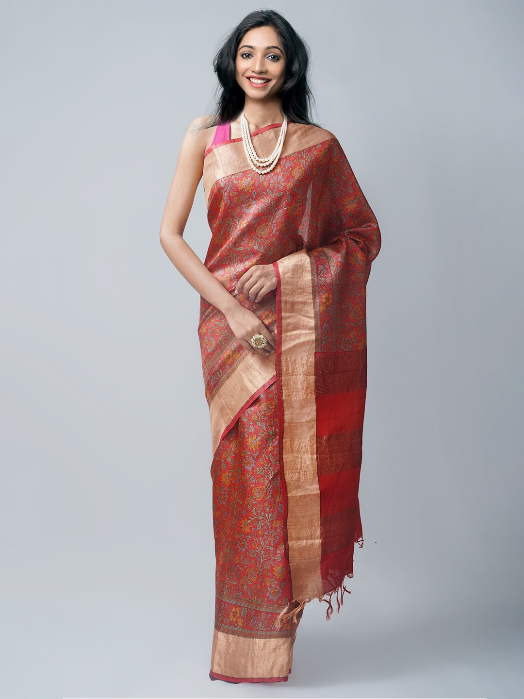 

Unnati Silks Red & Gold-Toned Floral Zari Pure Silk Tussar Saree