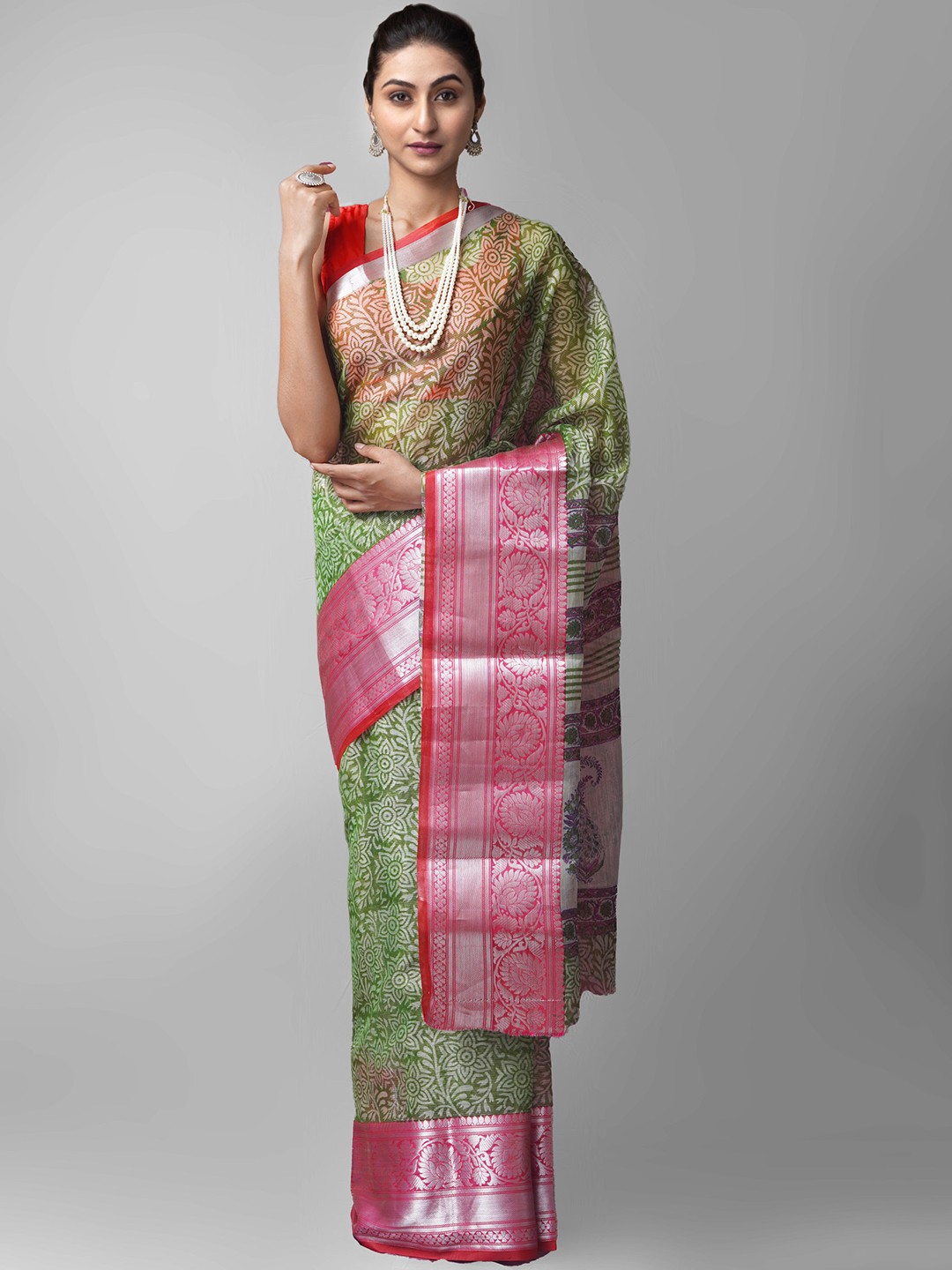

Unnati Silks Green & Pink Ethnic Motifs Block Printed Zari Tissue Banarasi Saree