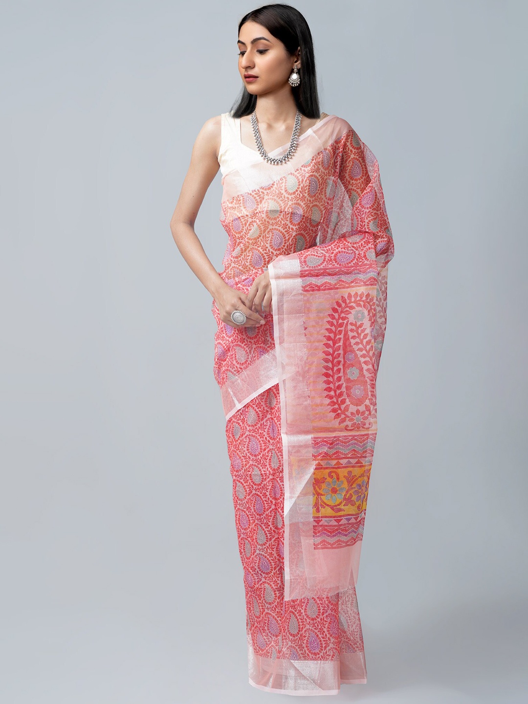 

Unnati Silks Pink & Red Ethnic Motifs Organza Block Print Saree