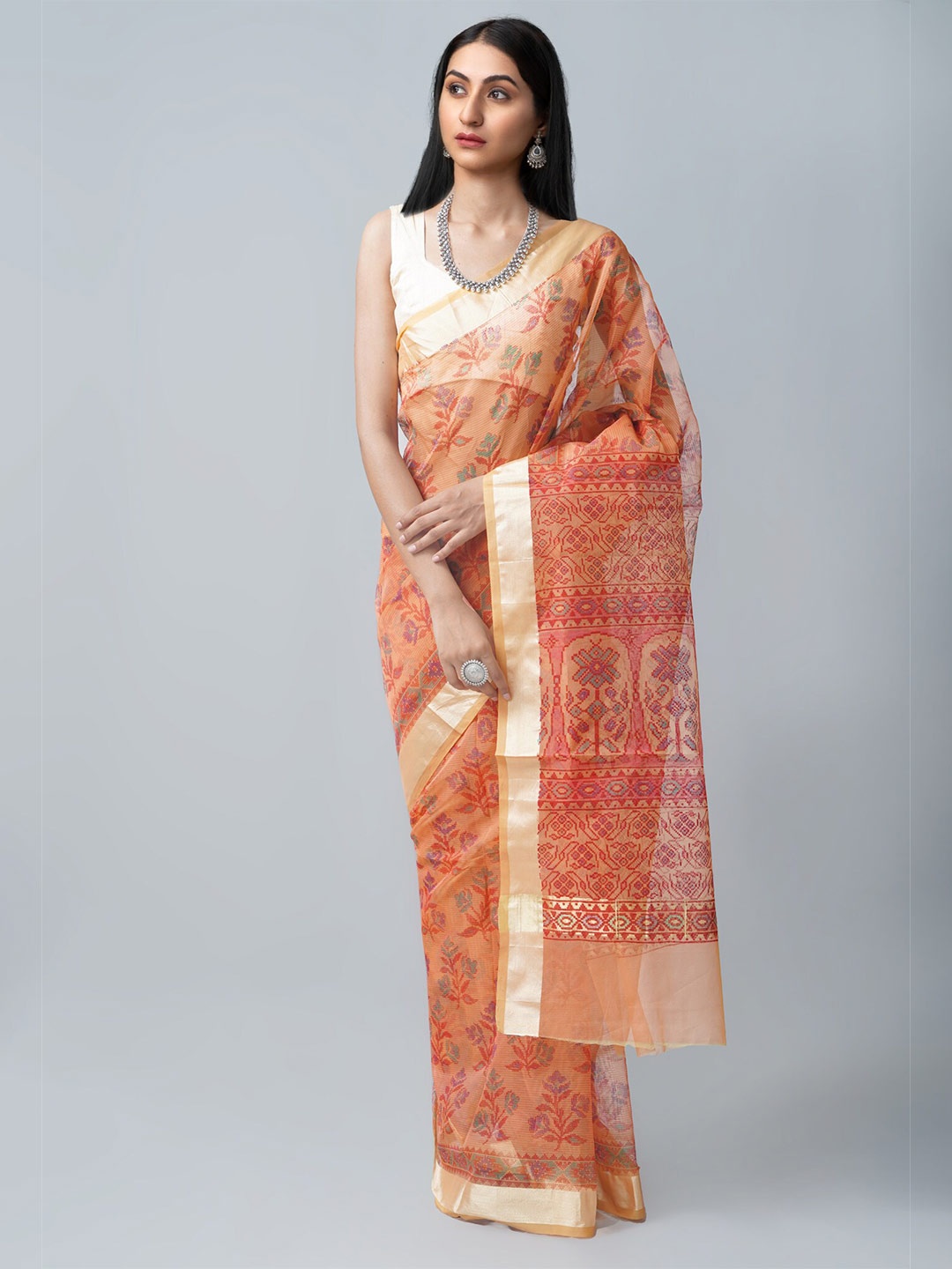 

Unnati Silks Orange Ethnic Motifs Print Organza Saree