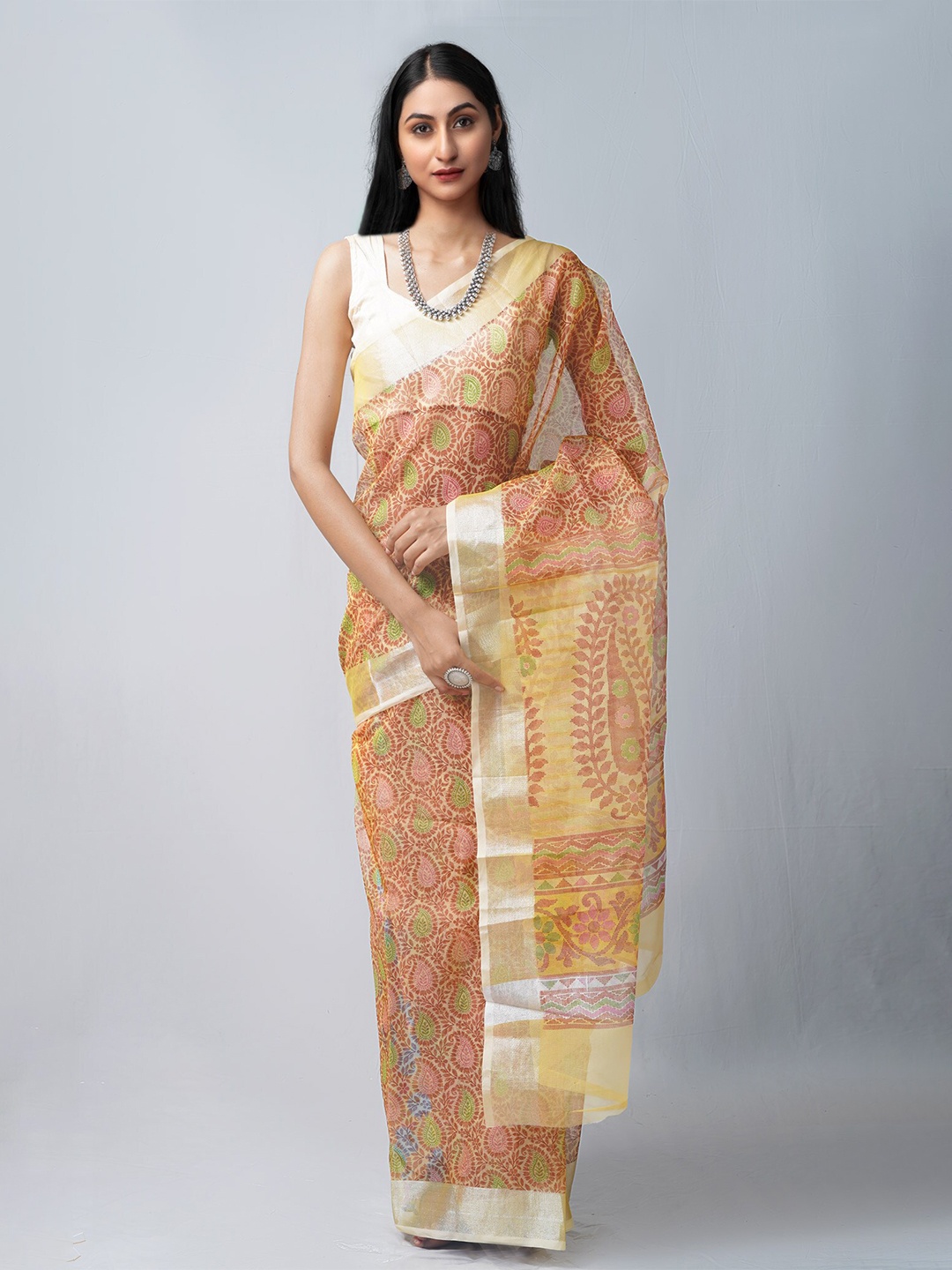 

Unnati Silks Yellow & Red Ethnic Motifs Zari Organza Block Print Saree