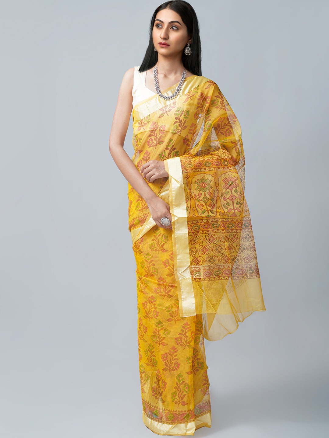 

Unnati Silks Yellow & Gold-Toned Ethnic Motifs Printed Organza Saree