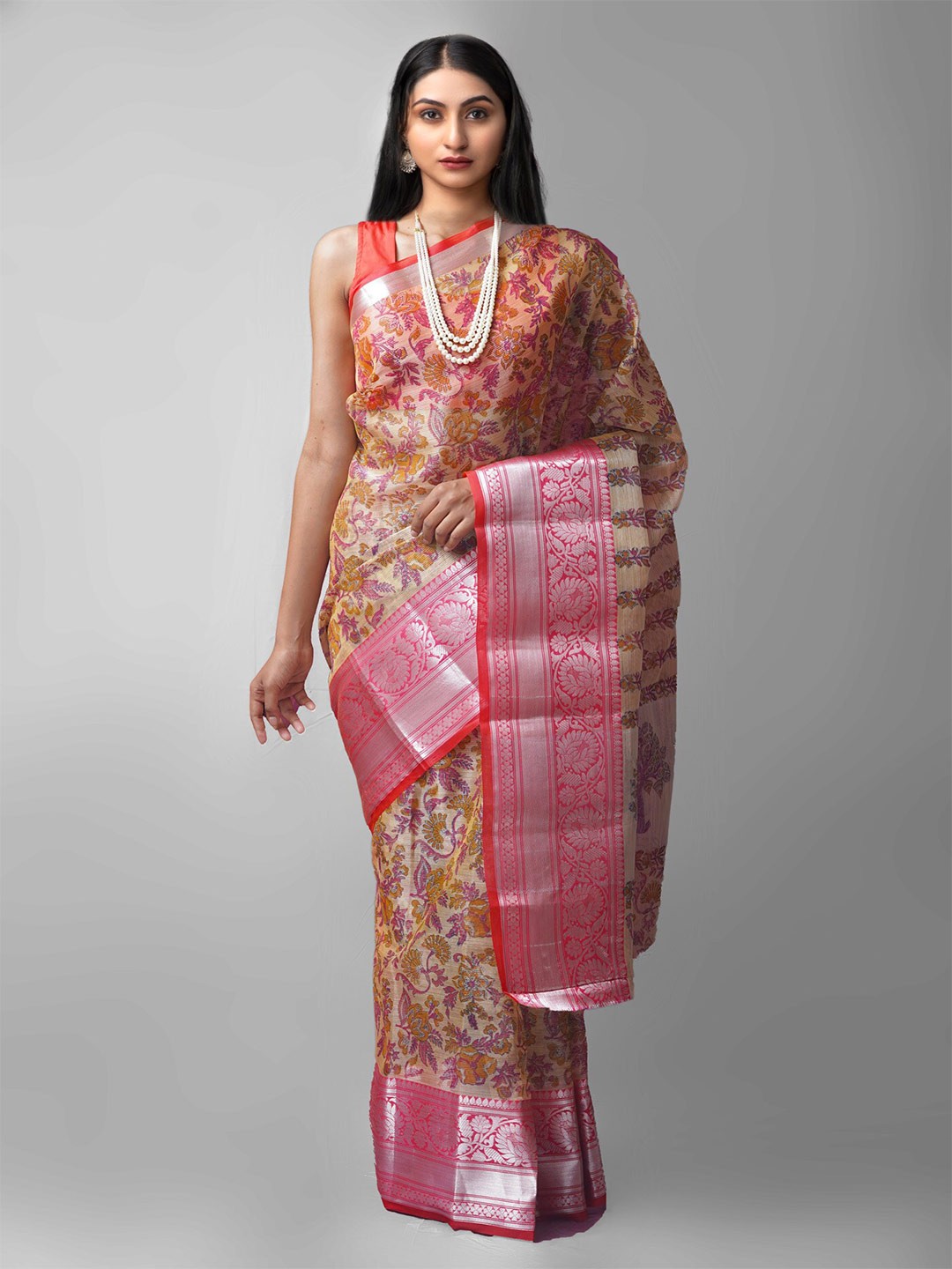 

Unnati Silks Cream-Coloured & Pink Ethnic Motifs Tissue Banarasi Saree