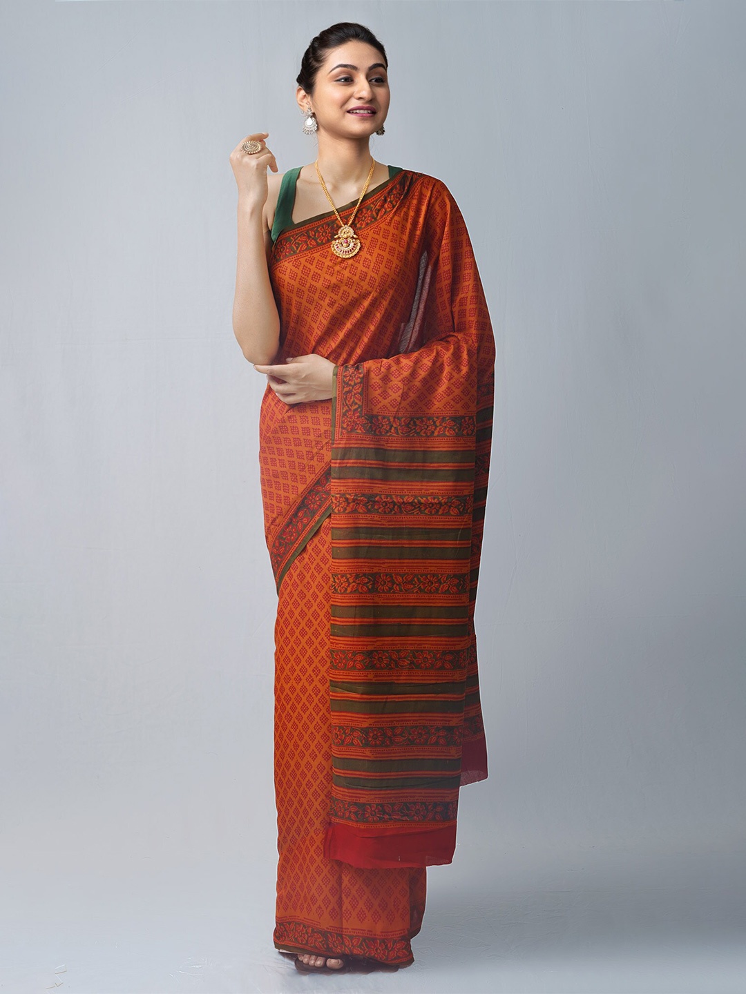 

Unnati Silks Rust & Brown Ethnic Motifs Pure Cotton Block Print Saree