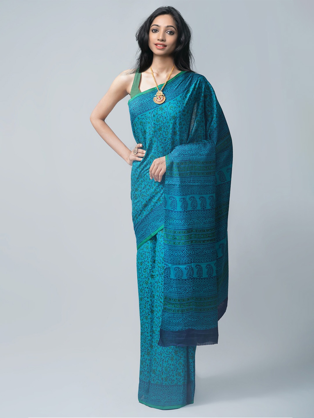 

Unnati Silks Blue Ethnic Motifs Pure Cotton Block Print Saree