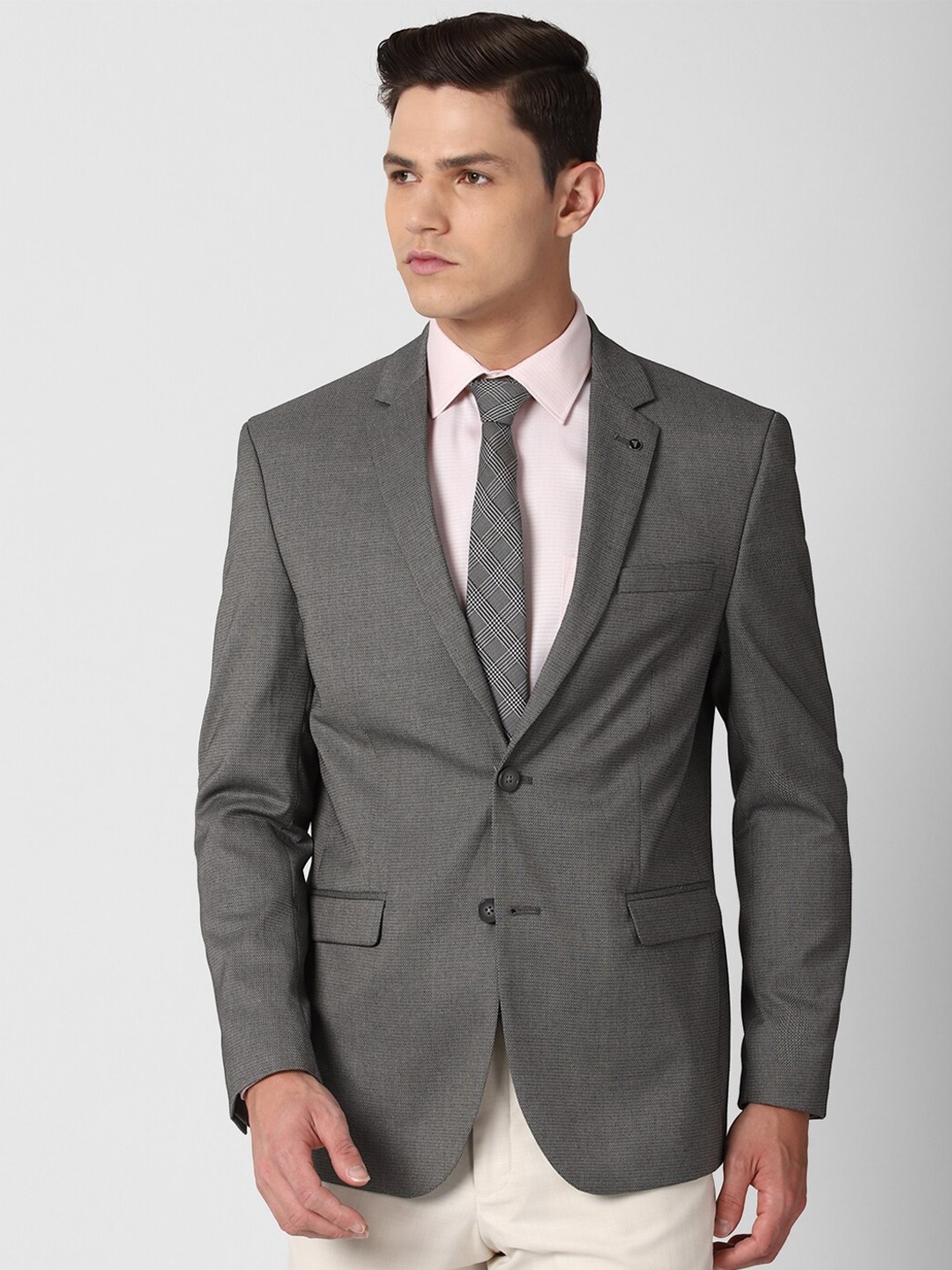 

Van Heusen Men Grey Self-Design Slim-Fit Single-Breasted Blazer
