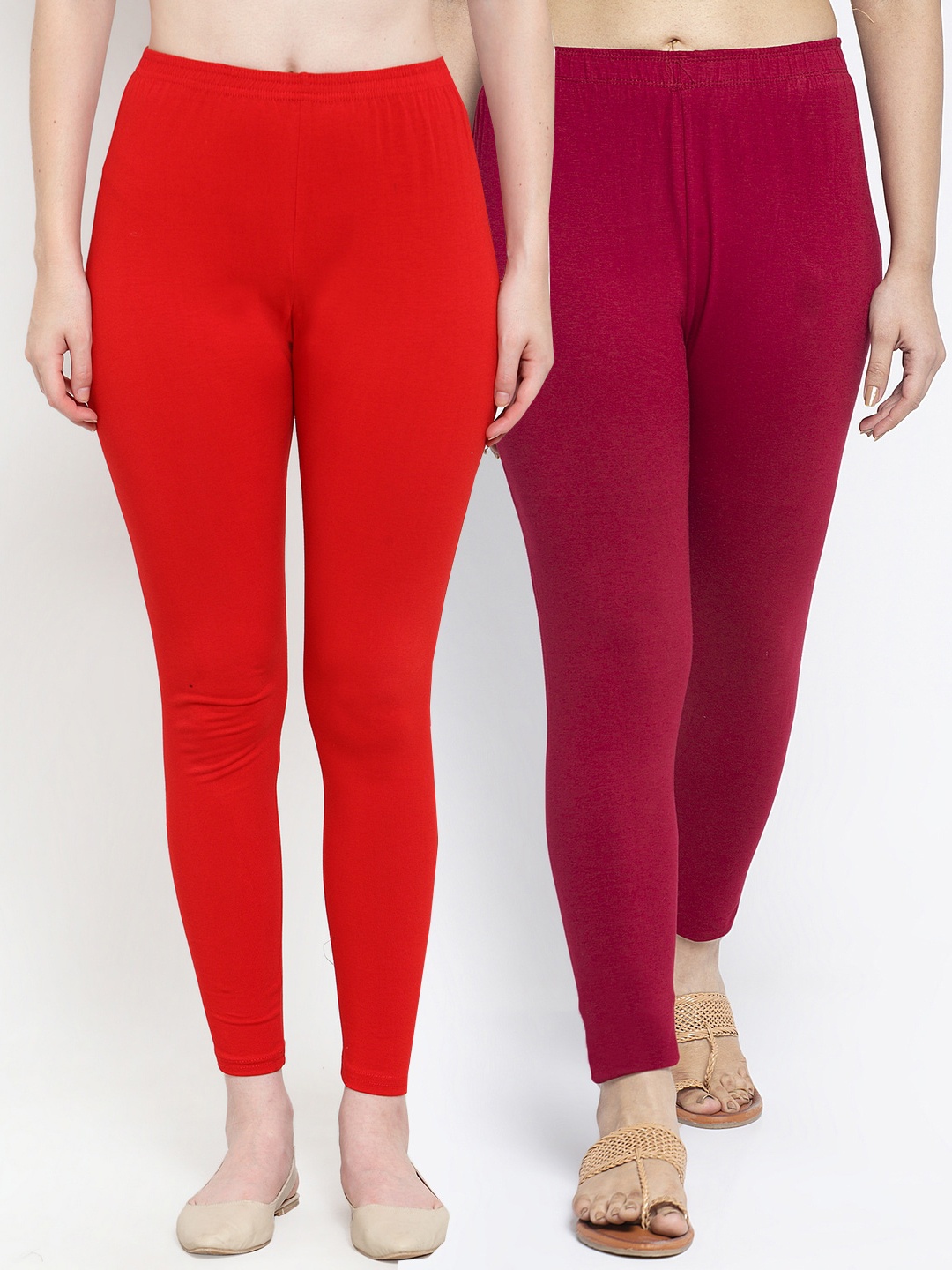 

Jinfo Women Pack Of 2 Solid Ankle-Length Leggings, Red