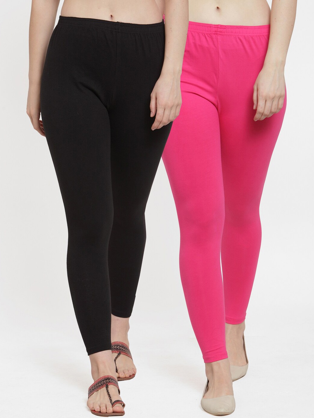 

Jinfo Women Black & Pink Pack Of 2 Solid Ankle Length Leggings