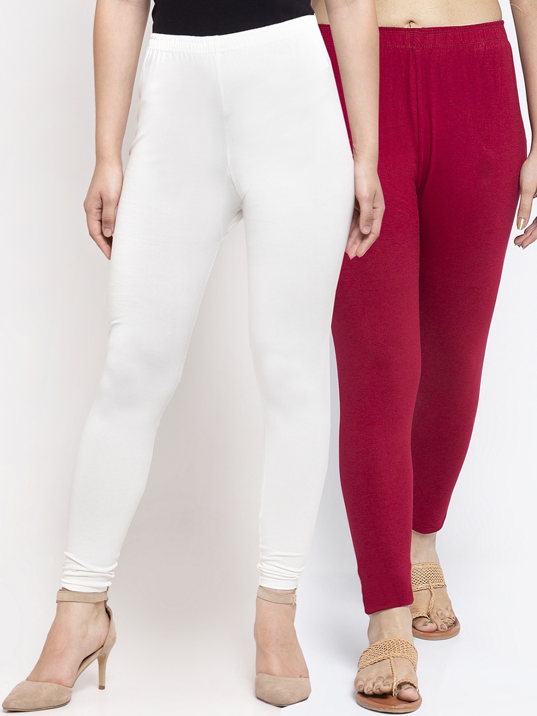 

Jinfo Women Pack of 2 White & Red Solid Ankle-Length Leggings