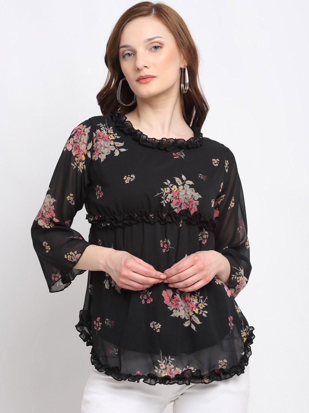

KLOTTHE Black Floral Print Georgette Empire Top