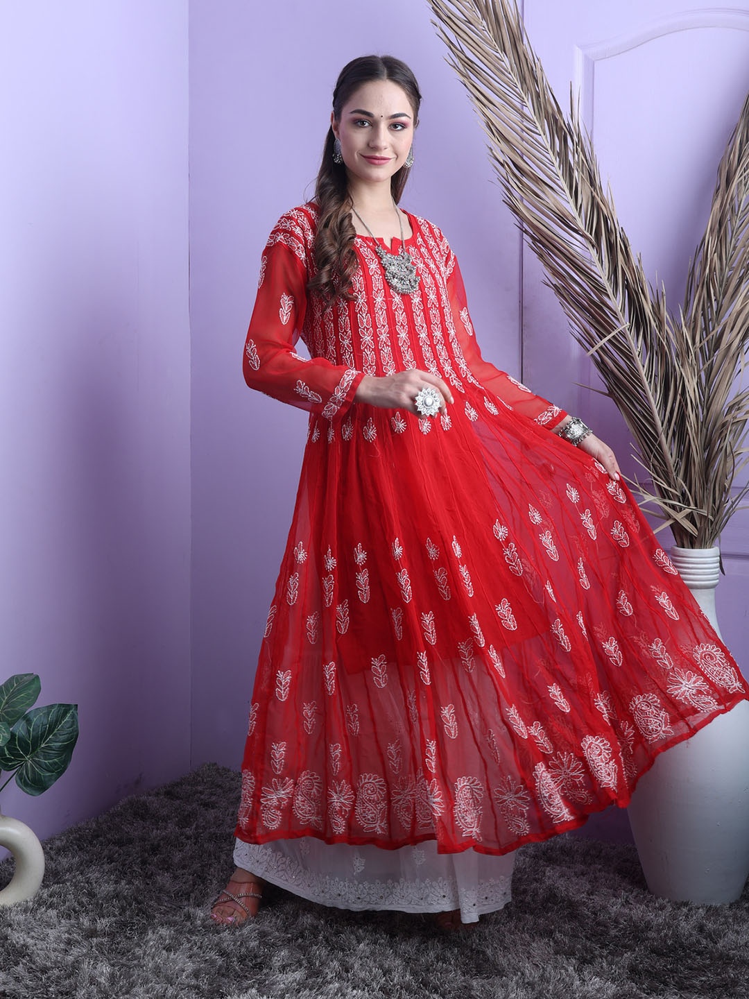 

FAWOMENT Women Red & White Chikankari Embroidered Georgette A-line Kurta