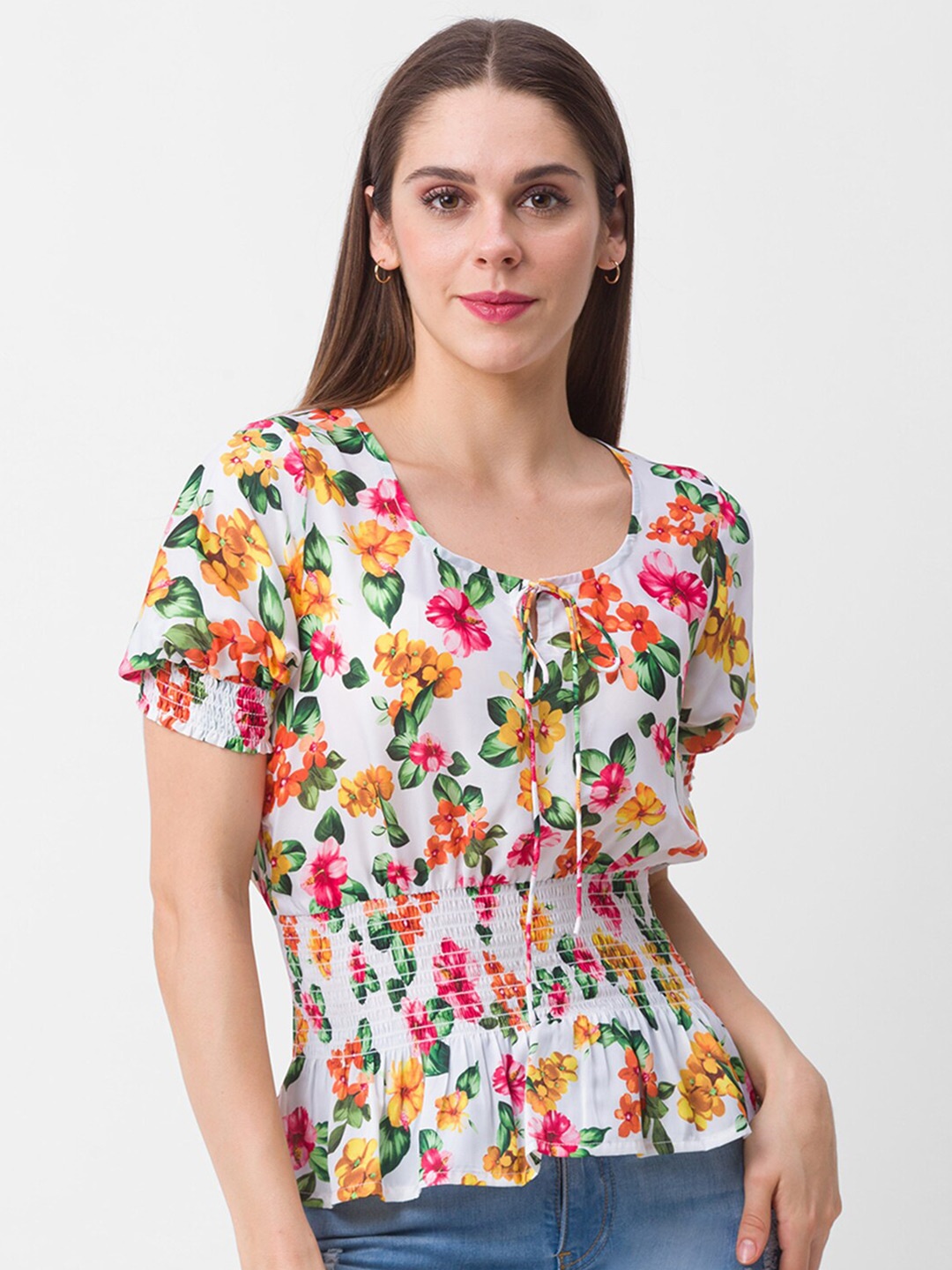 

Globus White & Yellow Floral Print Smocked Cinched Waist Top
