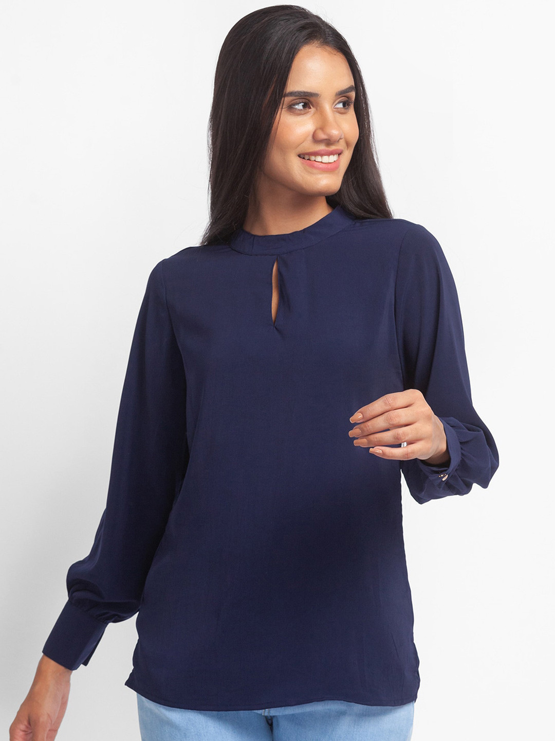 

Globus Navy Blue Keyhole Neck Georgette Top