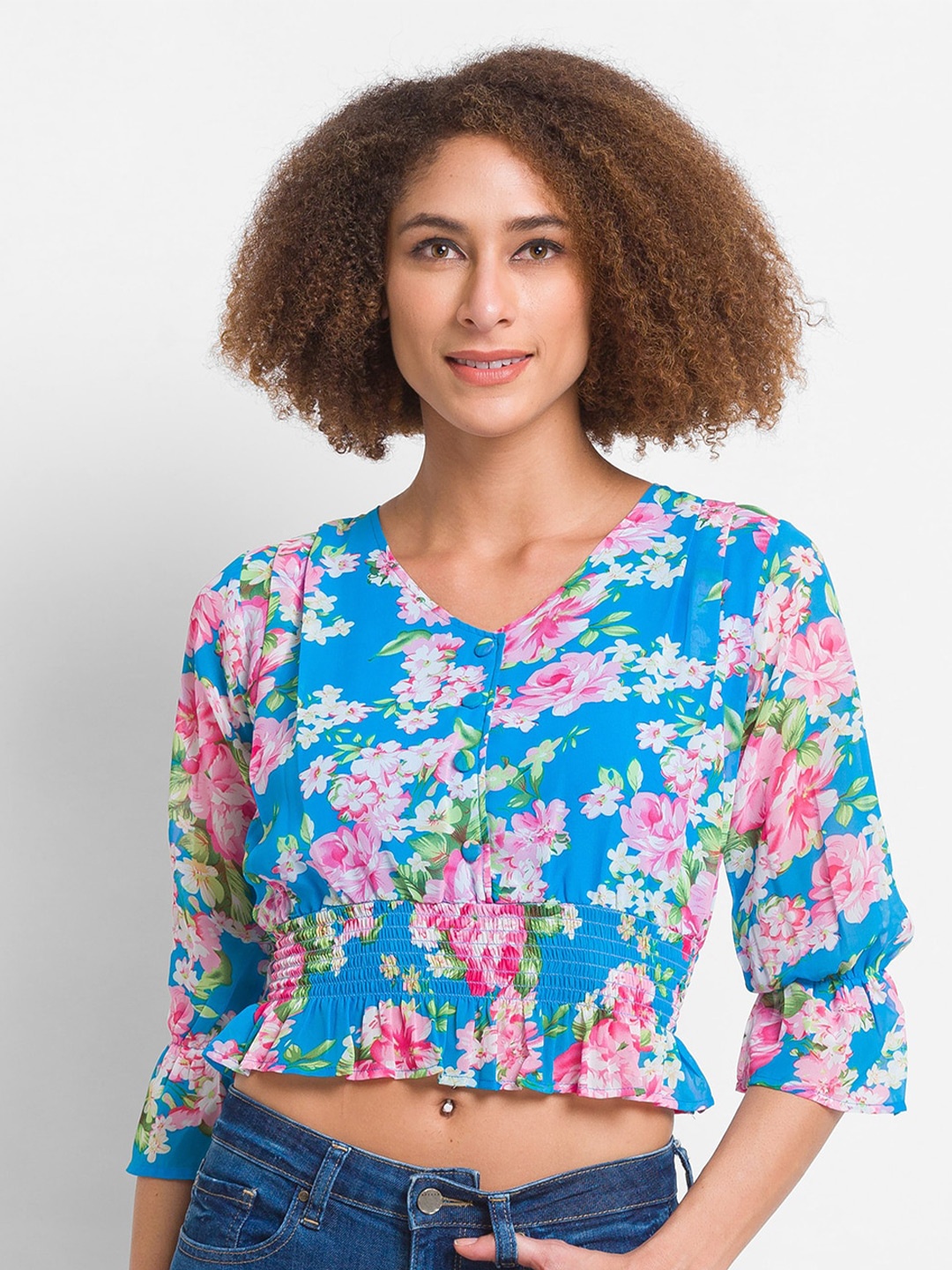 Globus Blue & Pink Floral Printed Georgette Crop Top