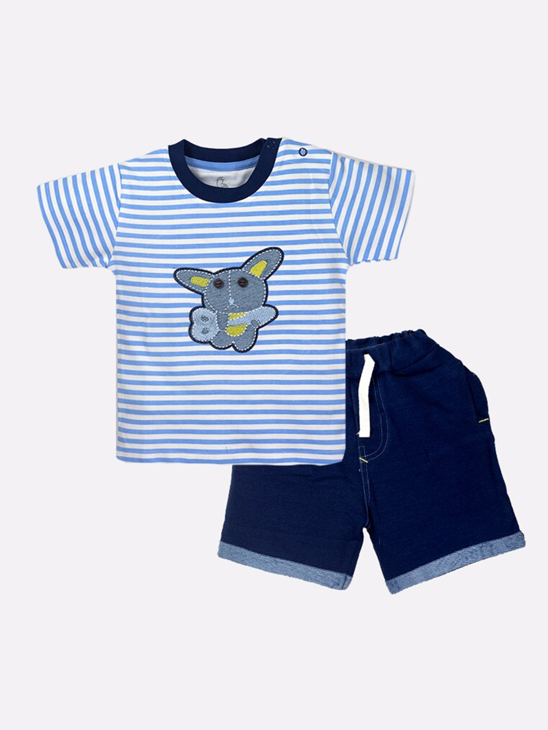 

BABY GO Boys Blue Striped Pure Cotton T-shirt with Shorts