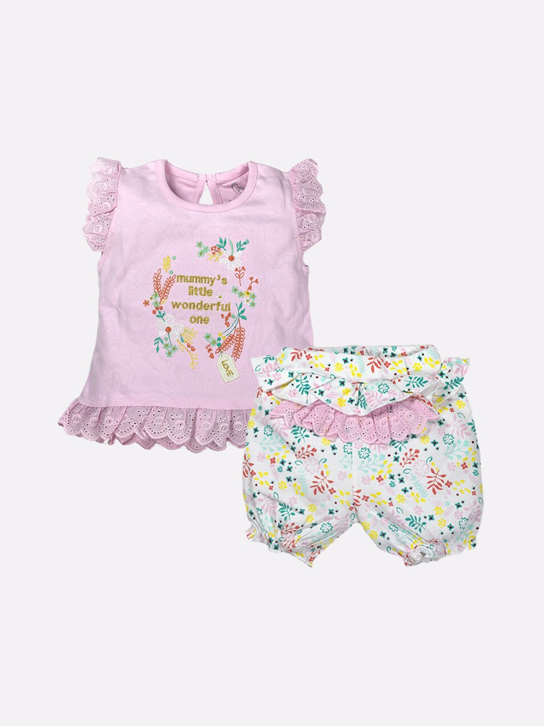 

BABY GO Girls Pink & Green Printed Cotton Top with Shorts