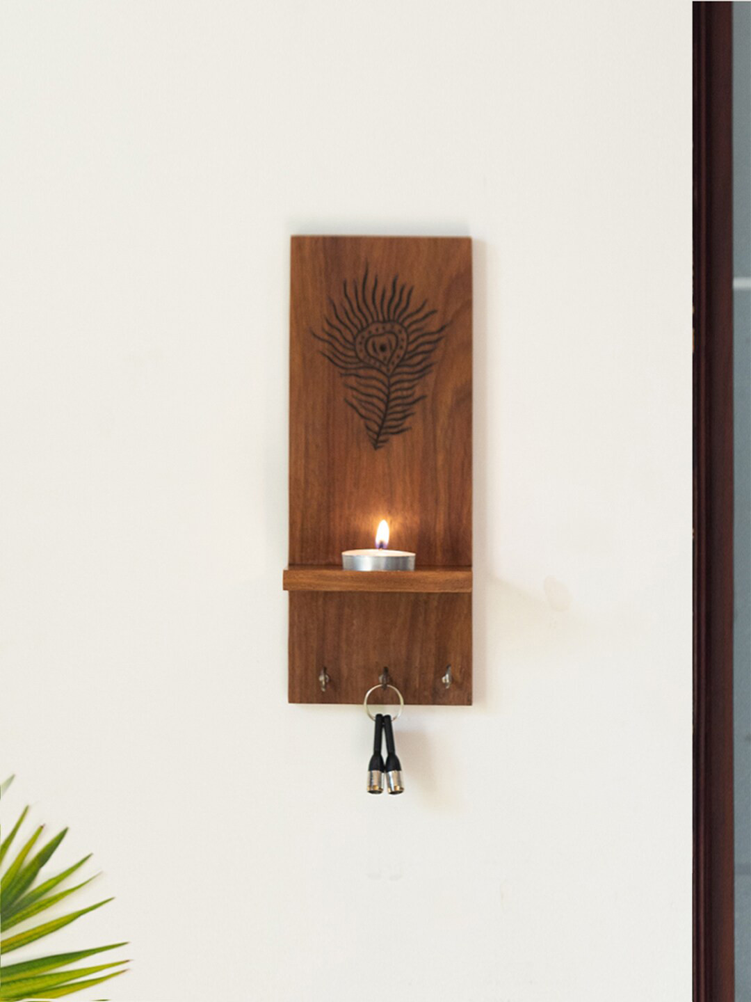 

ExclusiveLane Dark Brown Hand-Carved Wooden Wall Tealight & Candle Holder