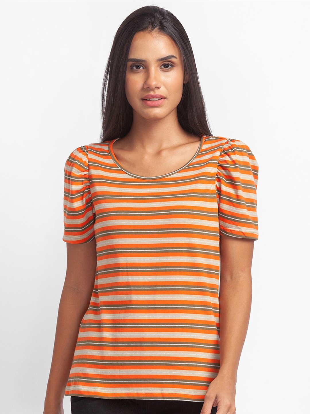 

Globus Women Orange & Grey Striped Puff Sleeves Pure Cotton T-shirt