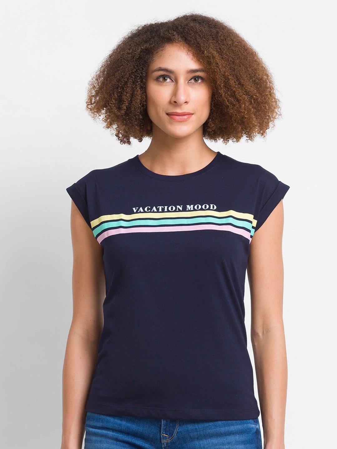 

Globus Women Navy Blue Printed Extended Sleeves T-shirt