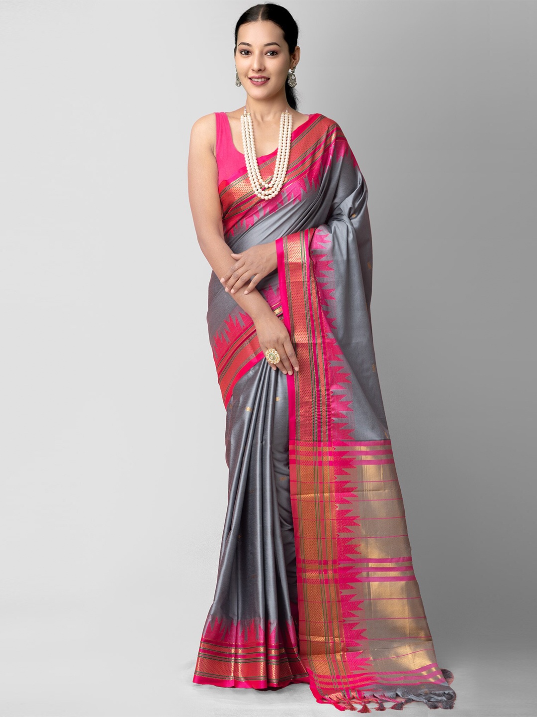 

Unnati Silks Grey & Pink Woven Design Silk Blend Banarasi Saree