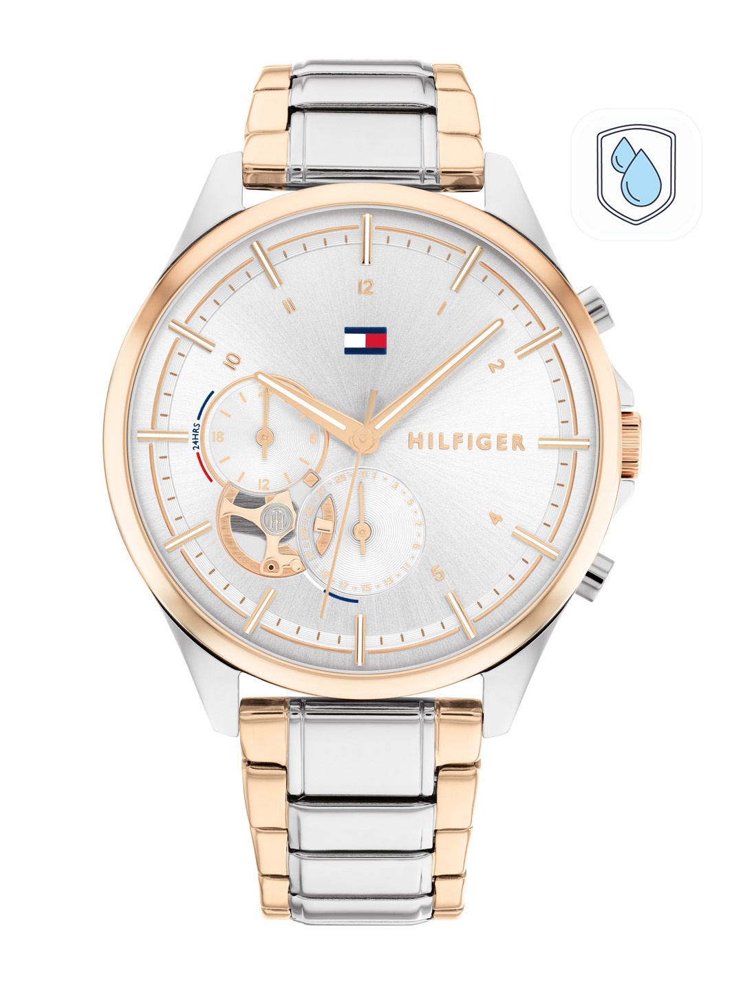 

Tommy Hilfiger Women Rose Gold-Toned Dial & Silver Toned Stainless Steel Bracelet Style Straps Analogue Watch, White