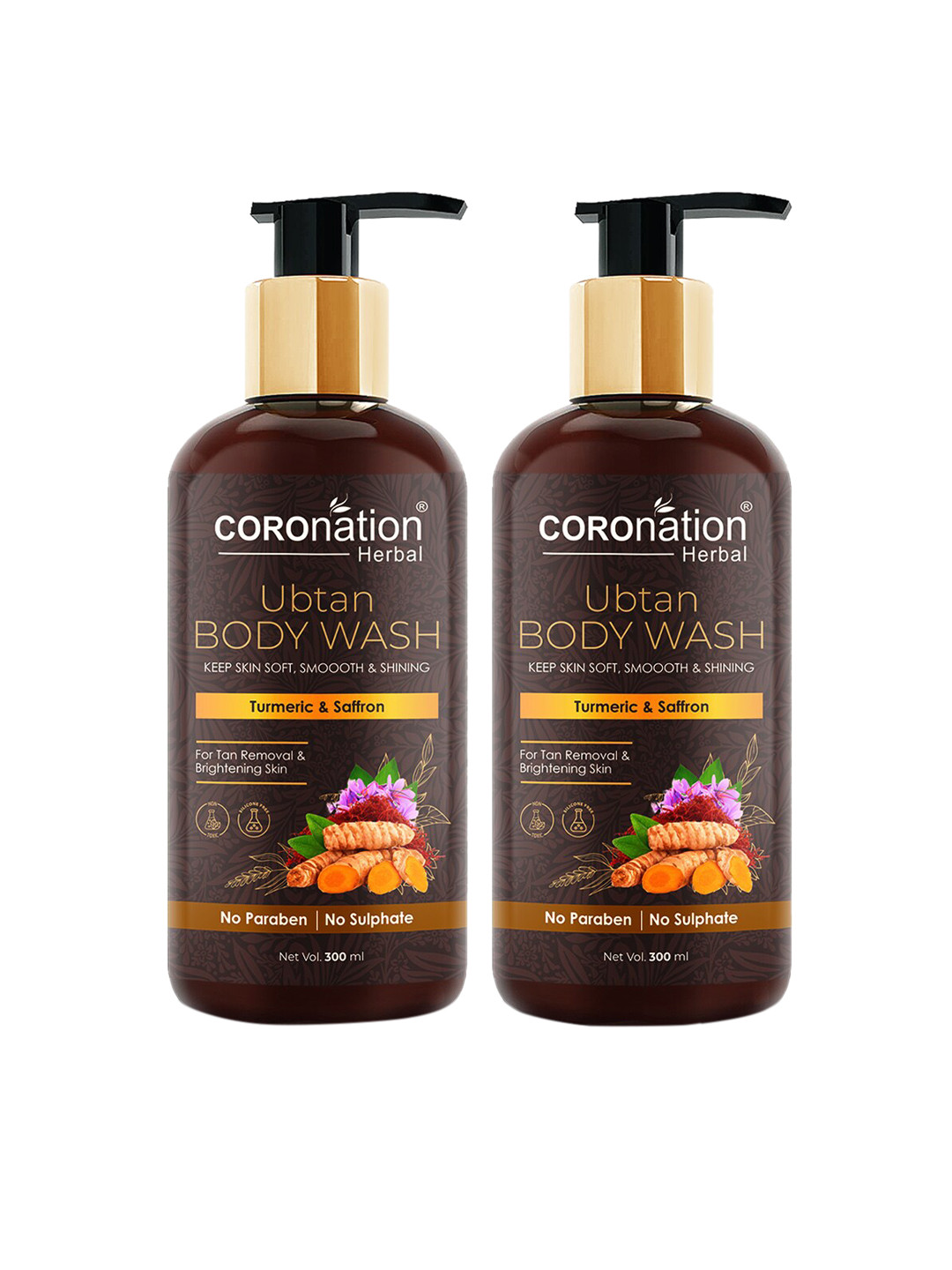 

COROnation Herbal Set of 2 Ubtan Tan Removal Body Wash with Turmeric & Saffron 300 ml Each, Brown