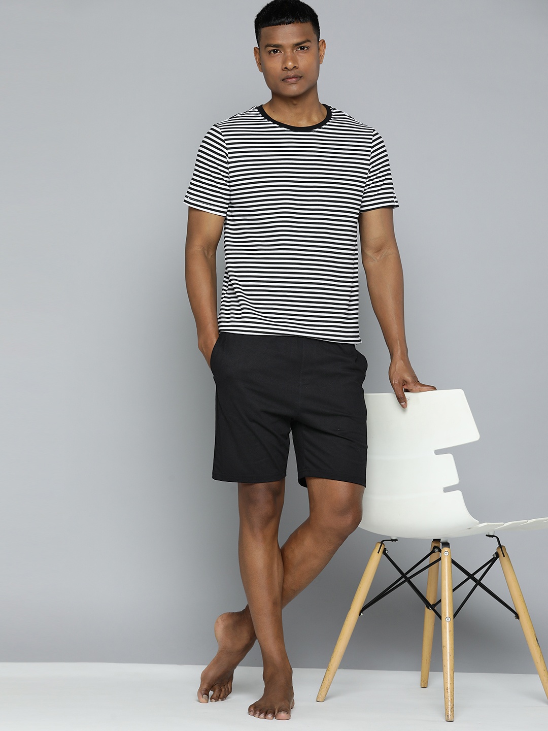 

ether Men Pure Cotton Striped Shorts Set, Black