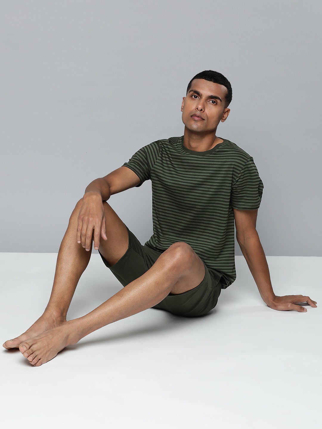 

ether Men Cotton Striped Night suit, Olive