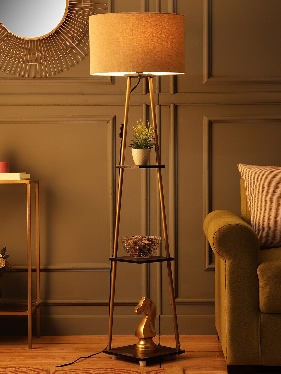 

SANDED EDGE Gold & Beige 3-Tier Wooden Floor Lamp With Shade