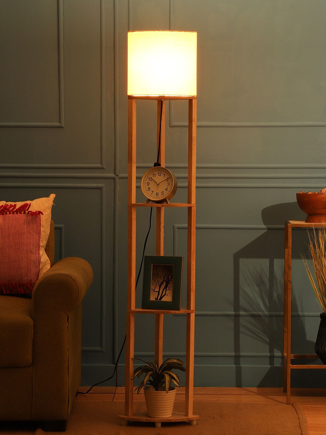 

SANDED EDGE Yellow & Brown Solid Double-shelved Wood Floor Lamp