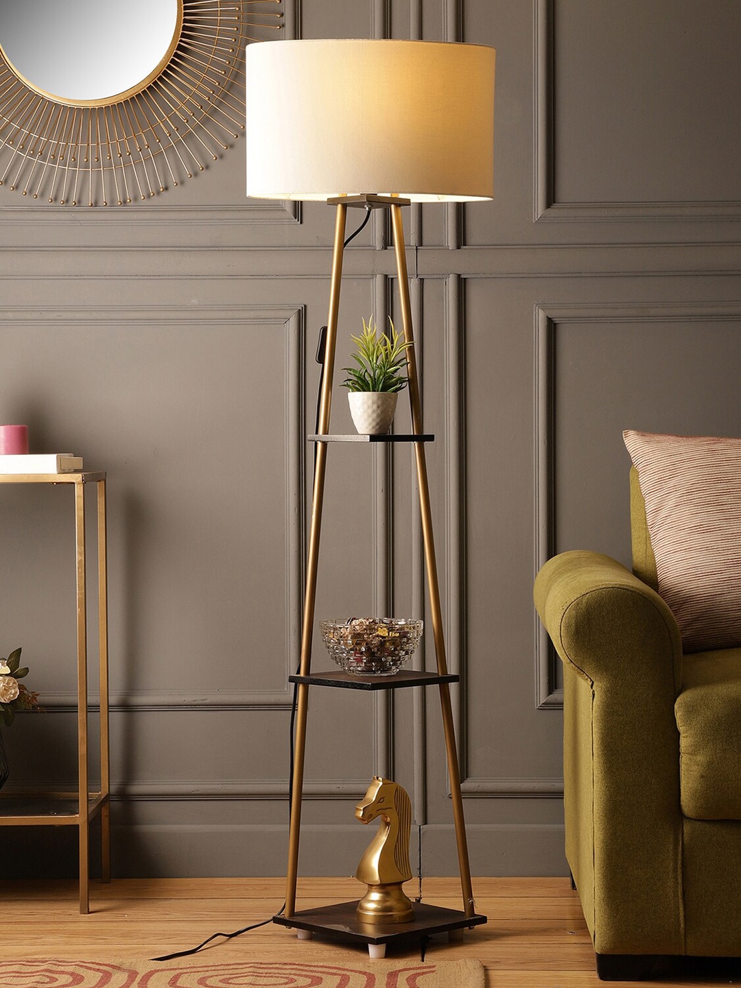 

SANDED EDGE Gold & Off White 3-Tier Wooden Floor Lamp With Shade