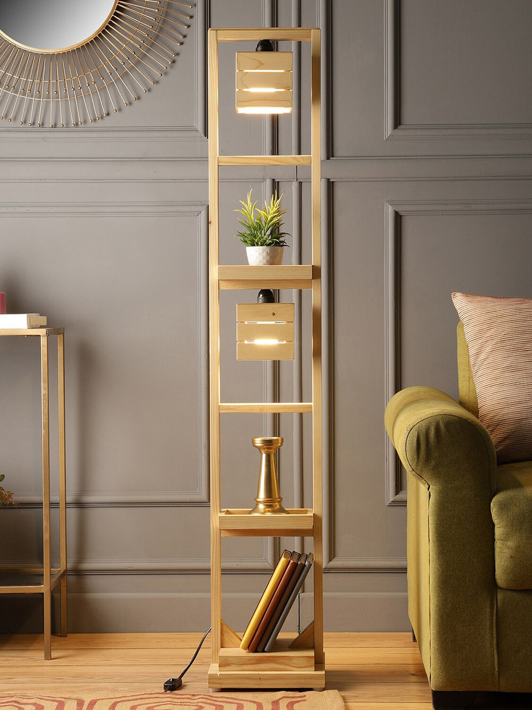 

SANDED EDGE Cream-Coloured Wood Floor Lamp With 2 Tier Shelf