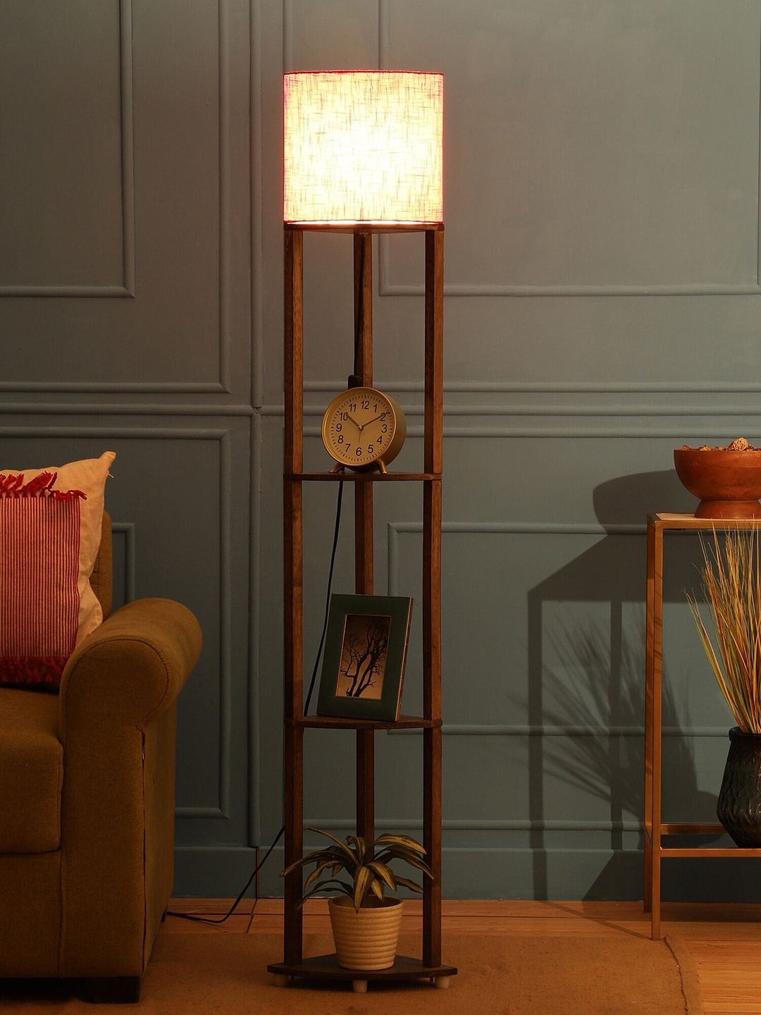 

SANDED EDGE Red & Brown Solid Double-shelved Wood Floor Lamp