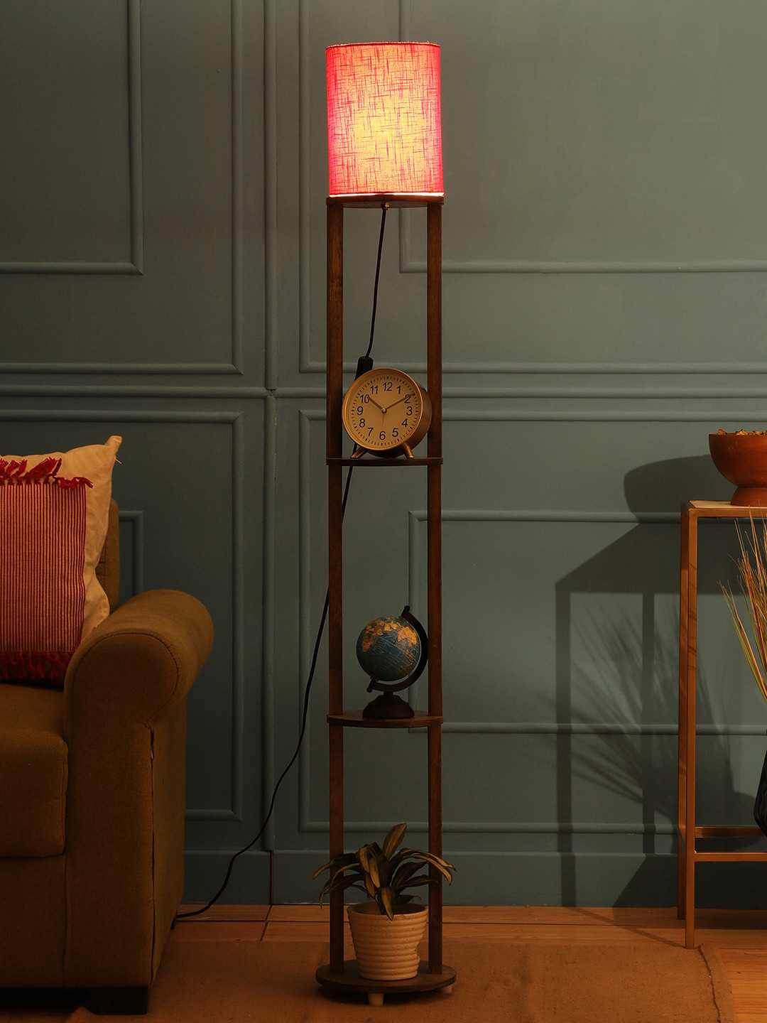 

SANDED EDGE Tan Brown & Red 3-Tier Wooden Floor Lamp With Shade
