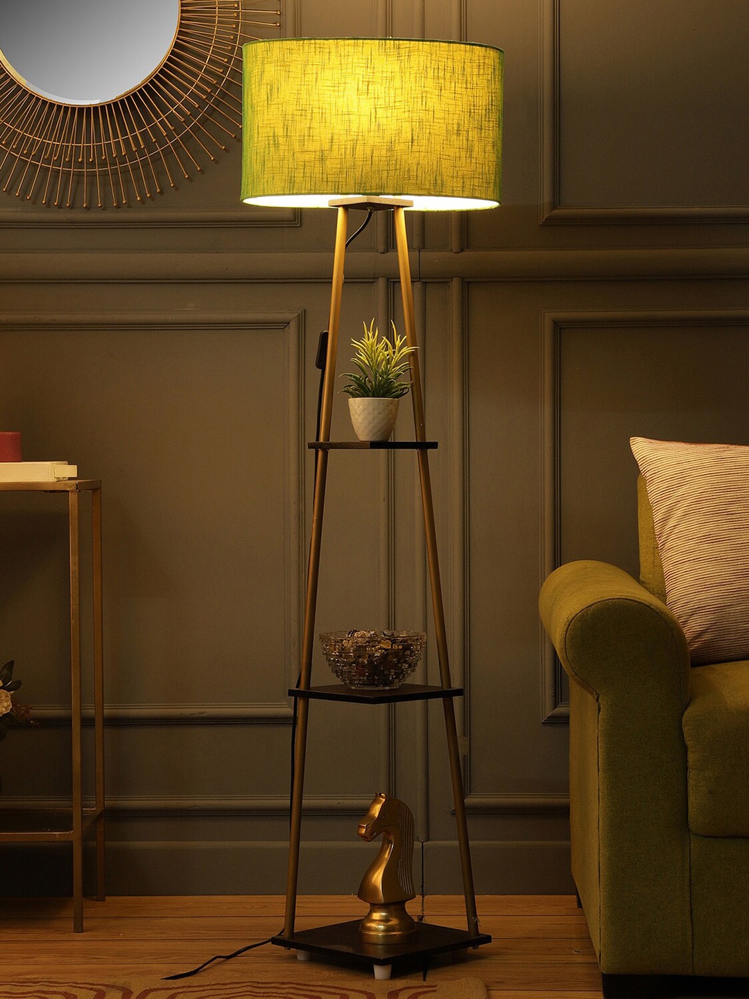 

SANDED EDGE Green & Brown Solid Double-shelved Wood Floor Lamp