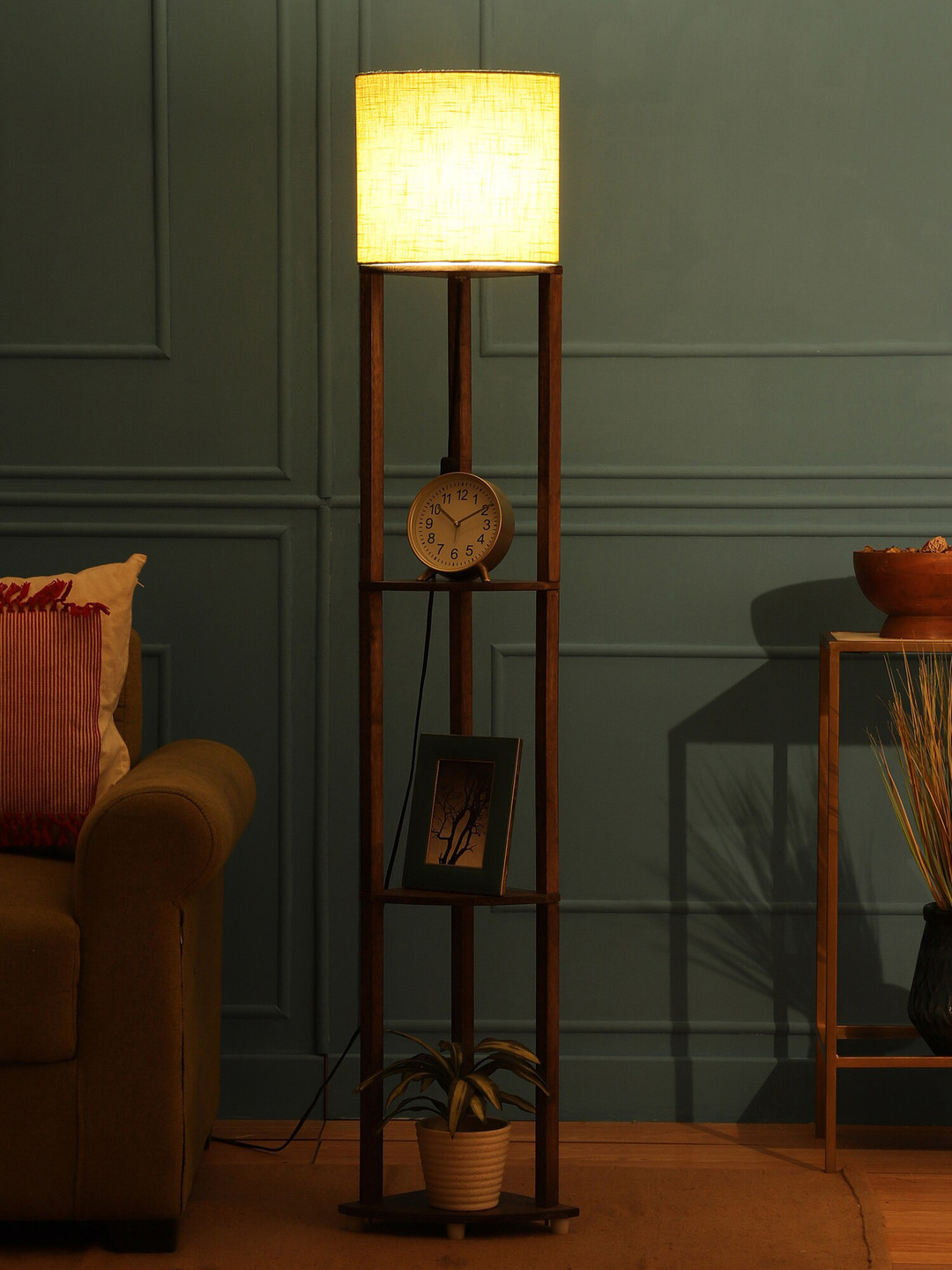 

SANDED EDGE Green & Brown Wooden Cylindrical Floor Lamp