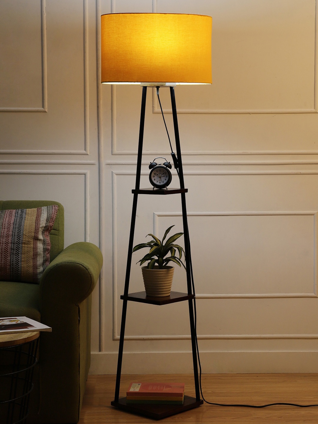 

SANDED EDGE Yellow & Brown Solid Double-shelved Wood Floor Lamp