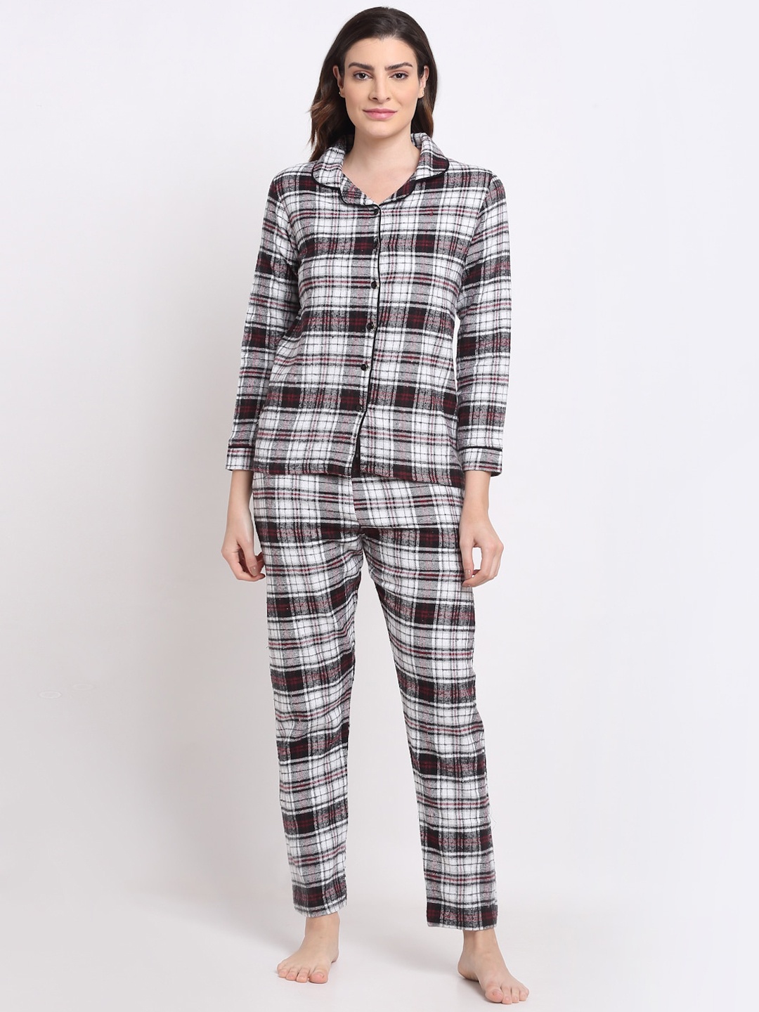 

Kanvin Women White & Grey Checked Pure Cotton Night suit