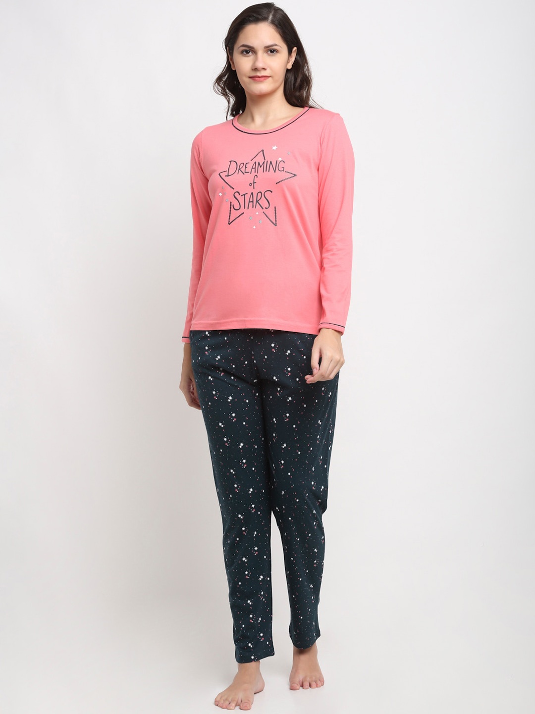

Kanvin Women Peach-Coloured & Navy Blue Typography Printed Pure Cotton Night Suit