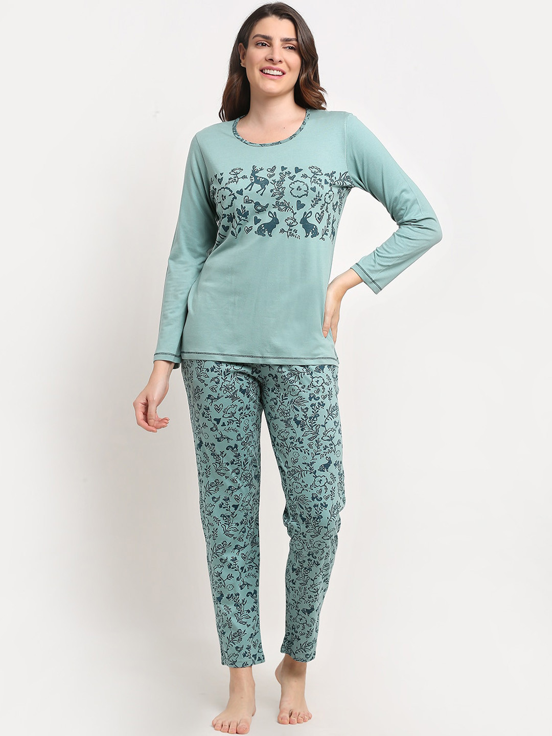 

Kanvin Women Mint Green Printed Pure Cotton Night Suit