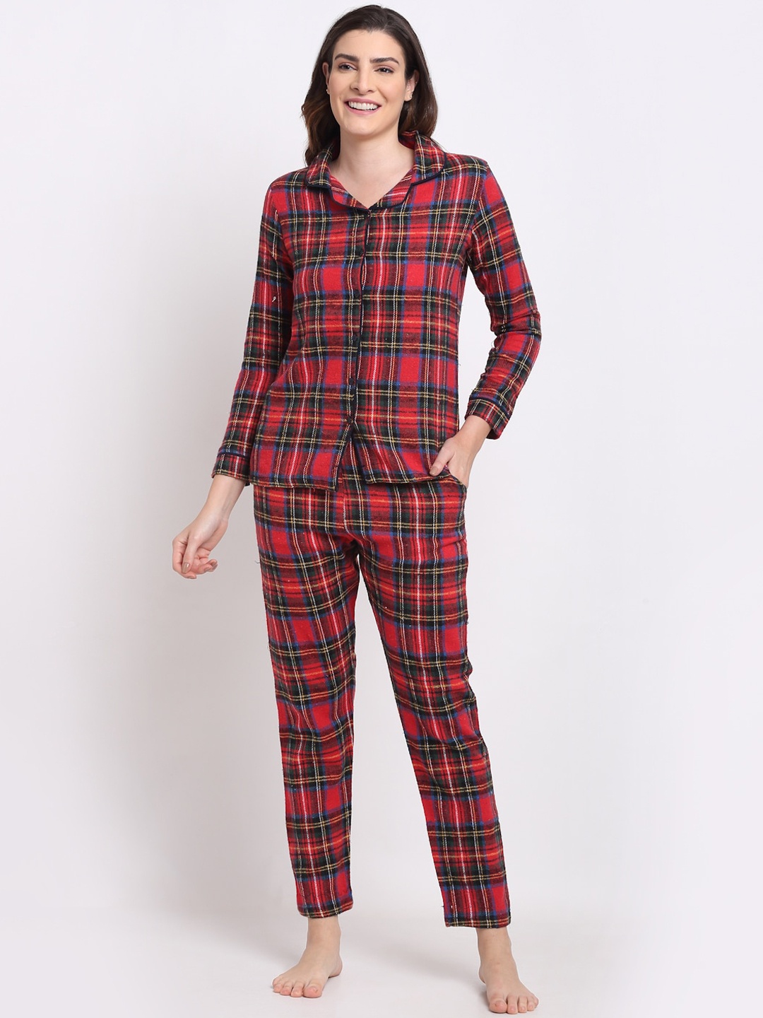 

Kanvin Women Red & Blue Printed Pure Cotton Night suit