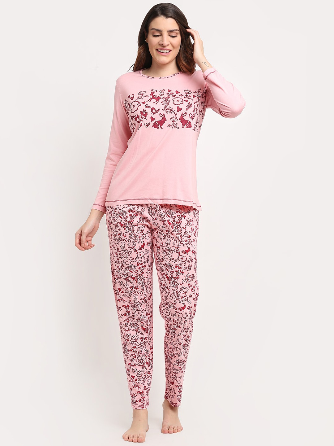 

Kanvin Women Pink & Maroon Printed Pure Cotton Night Suit