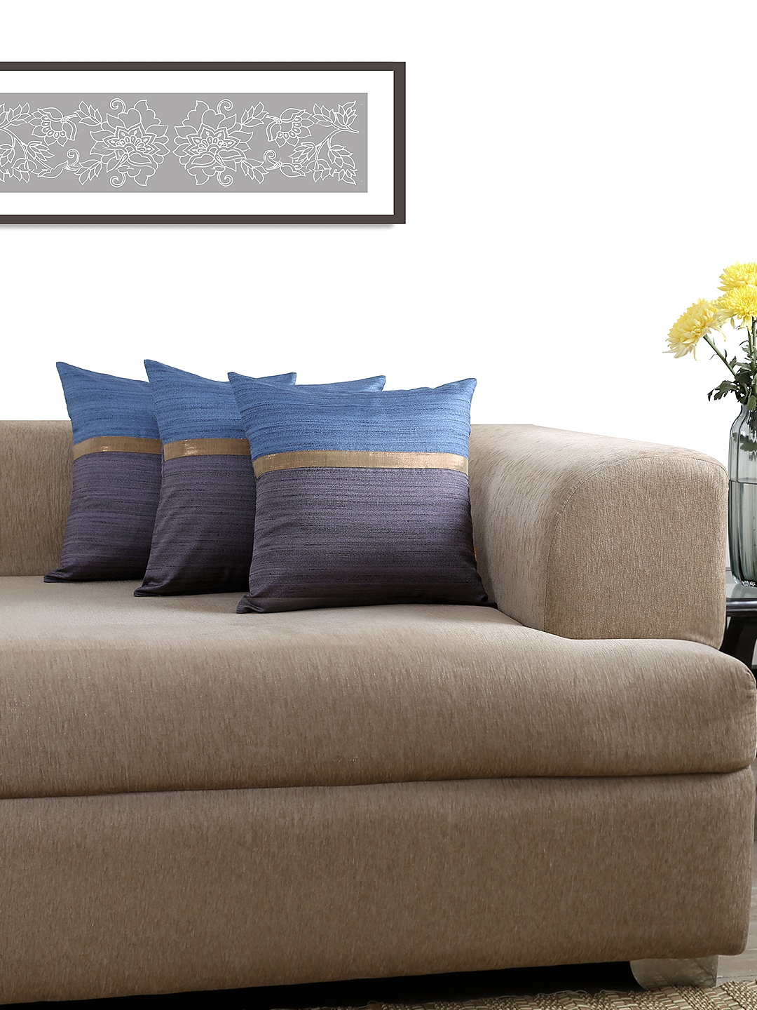 ANS Blue & Purple Set of 3 Colourblocked 16" X 16" Square Cushion Cover