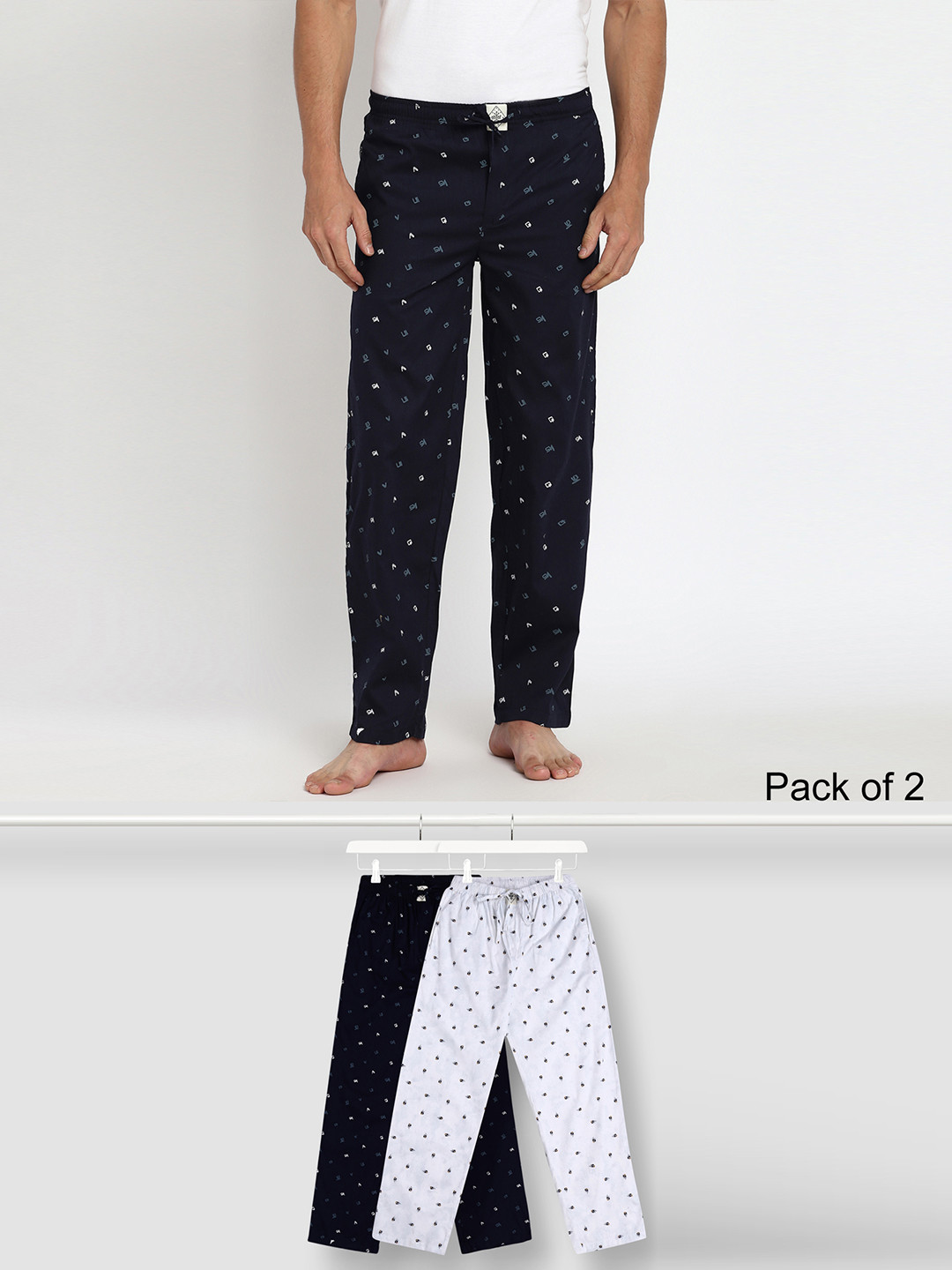 

abof Men Pack of 2 Navyblue & White Printed Regular Fit Cotton Lounge Pants, Navy blue