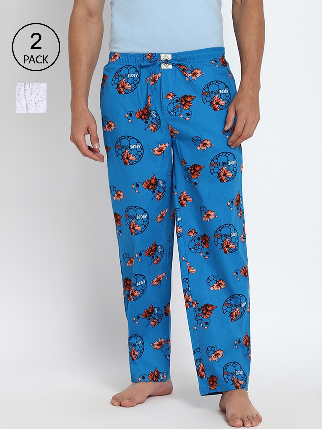 

abof Men Pack Of 2 Blue & White Printed Pure Cotton Lounge Pants