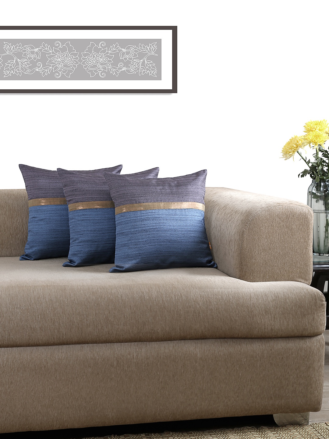 

ANS Blue & Purple Set of 3 Colourblocked 16" X 16" Square Cushion Cover