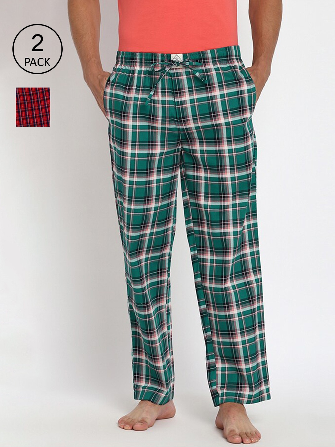 

abof Men Pack of 2 Red & Green Checked Regular Fit Lounge Pants