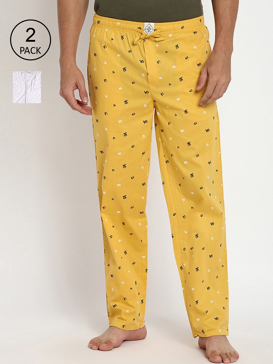 

abof Men Pack of 2 Yellow & White Printed Regular Fit Cotton Lounge Pants