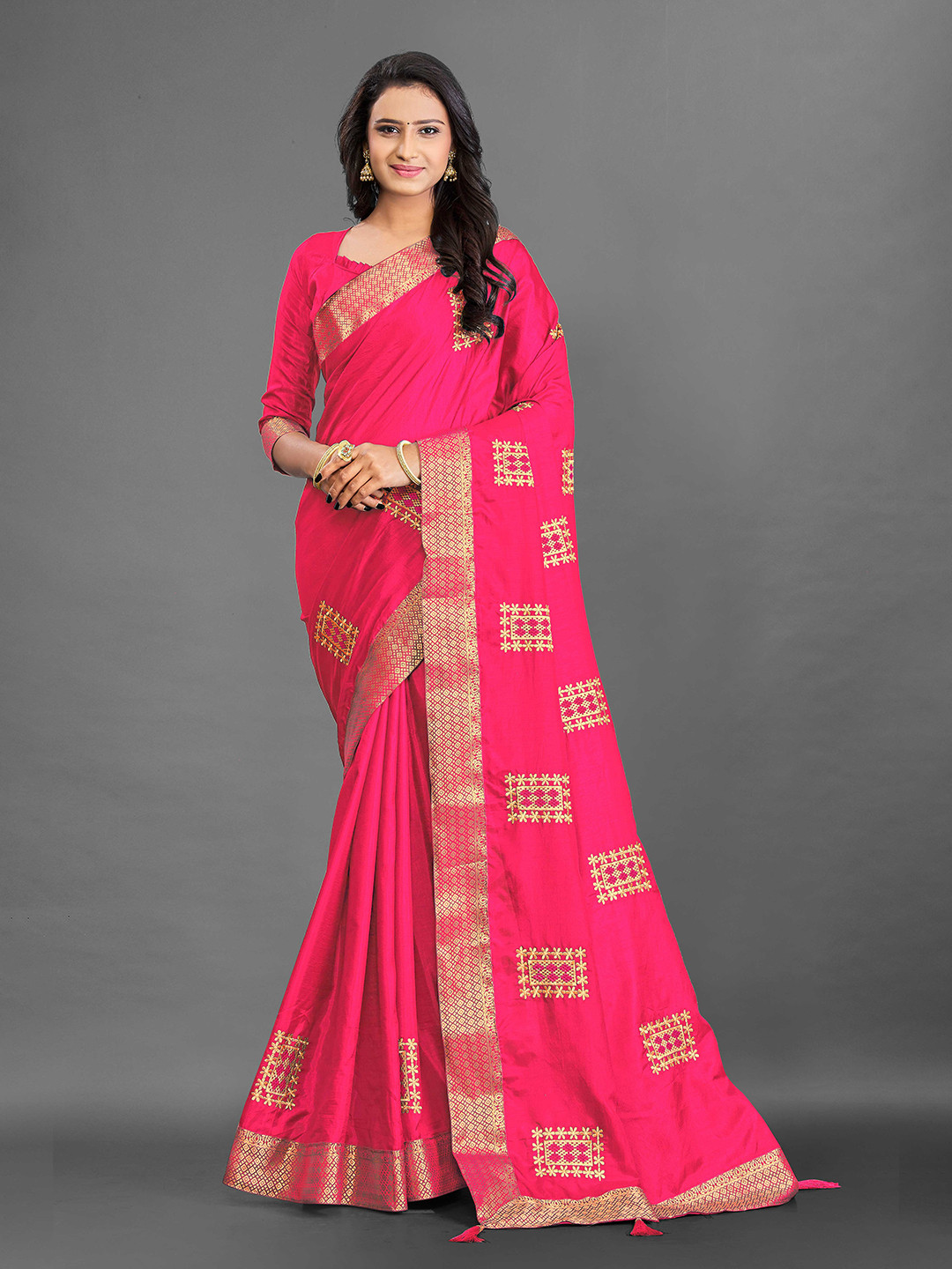 

Zombom Pink & Gold-Toned Woven Design Zari Silk Banarasi Saree