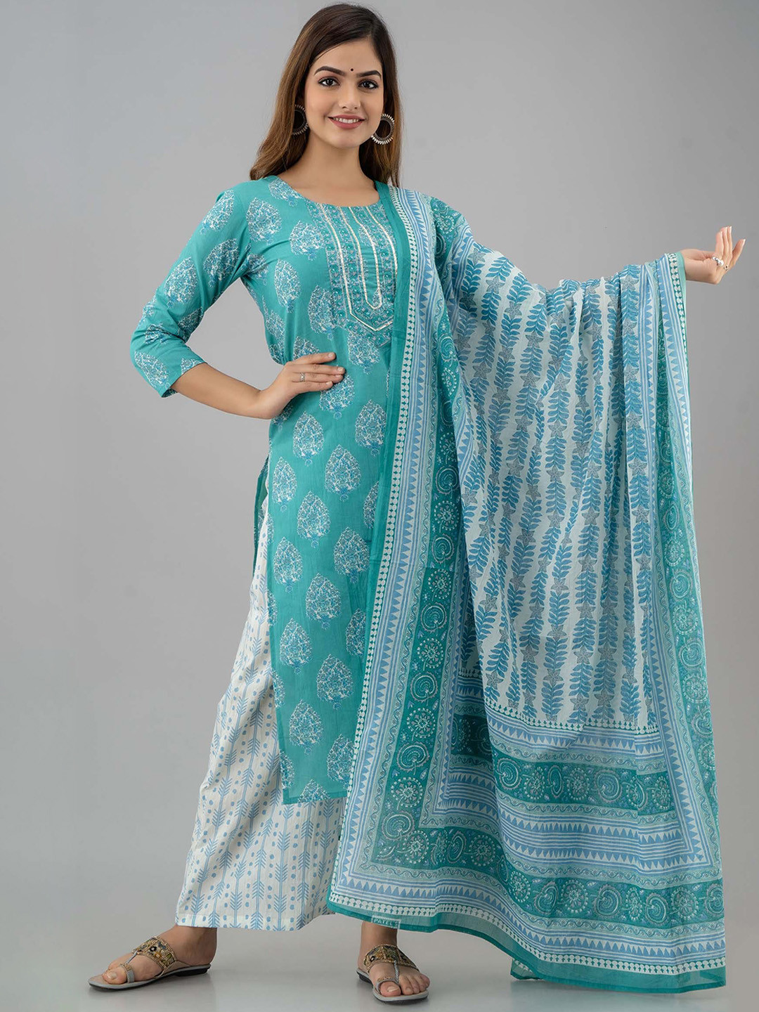

GULMOHAR JAIPUR Women Sea Green Ethnic Motifs Printed Pure Cotton Kurta with Palazzos & With Dupatta